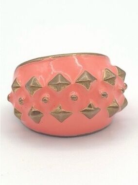 Vintage Coral Enamel Studded Ring Gold Tone Wide Band Statement Size 7.5